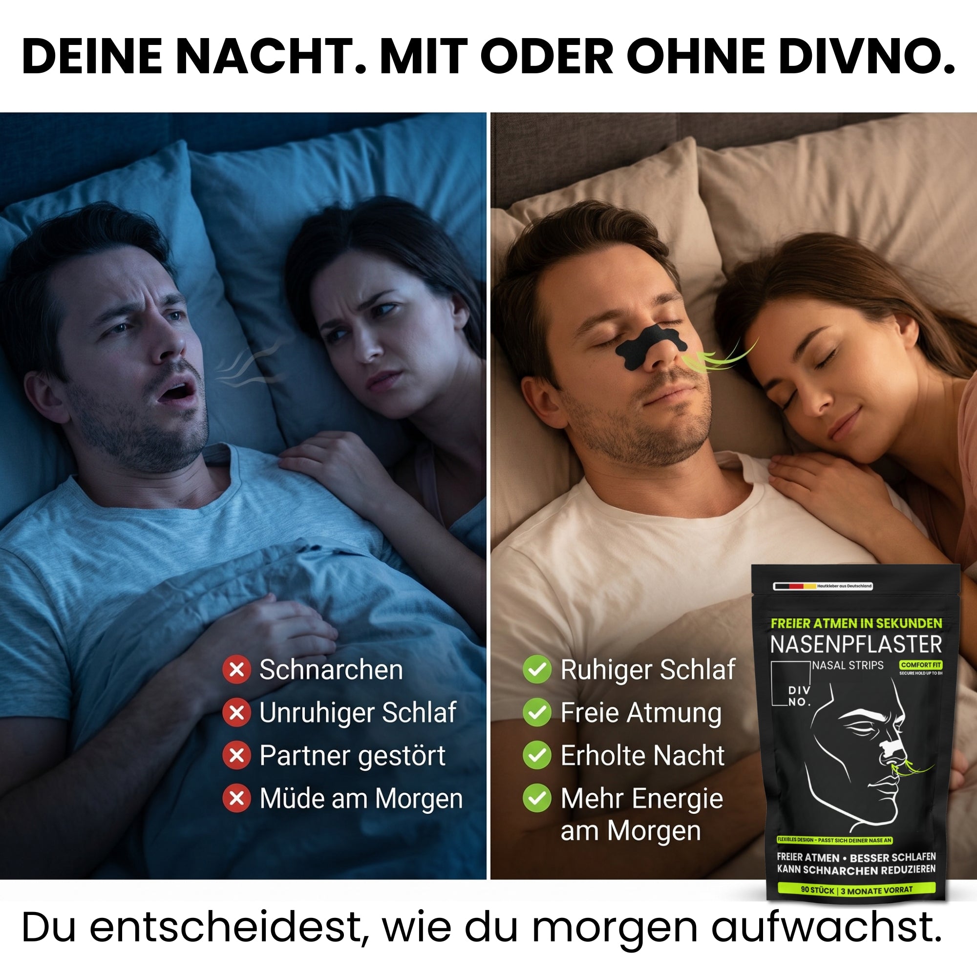 DIVNO Nasenpflaster (90 Stück) – Sofort freier atmen, weniger schnarchen – Nasenstrips für besseren Schlaf & mehr Sauerstoff – Extra starker Halt bis zu 8h – Für Sport & Nacht