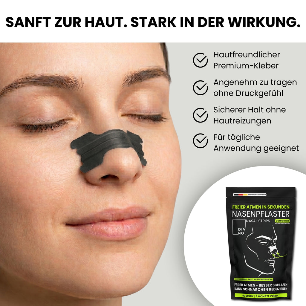DIVNO Nasenpflaster (90 Stück) – Sofort freier atmen, weniger schnarchen – Nasenstrips für besseren Schlaf & mehr Sauerstoff – Extra starker Halt bis zu 8h – Für Sport & Nacht