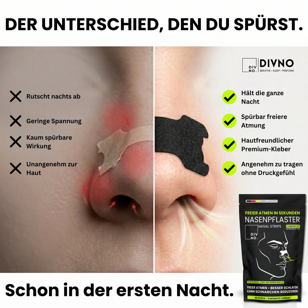 DIVNO Nasenpflaster (90 Stück) – Sofort freier atmen, weniger schnarchen – Nasenstrips für besseren Schlaf & mehr Sauerstoff – Extra starker Halt bis zu 8h – Für Sport & Nacht