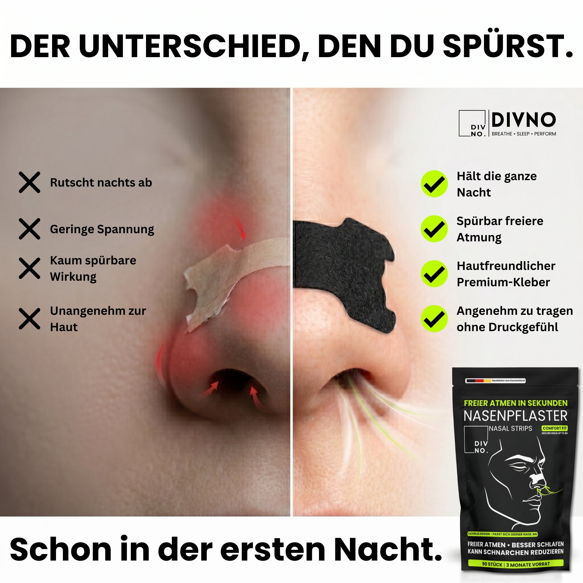 DIVNO Nasenpflaster (90 Stück) – Sofort freier atmen, weniger schnarchen – Nasenstrips für besseren Schlaf & mehr Sauerstoff – Extra starker Halt bis zu 8h – Für Sport & Nacht