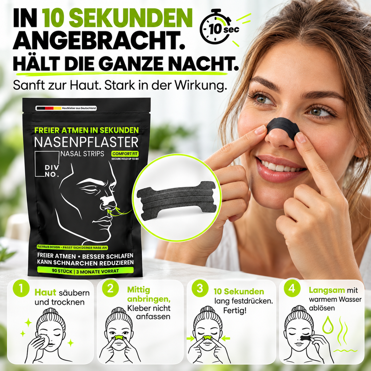 DIVNO Nasenpflaster 3er Bundle (270 Stück) – Premium Nasenstrips – Extra starker Halt bis zu 8 Std. – Für Schlaf, Sport & freie Nasenatmung