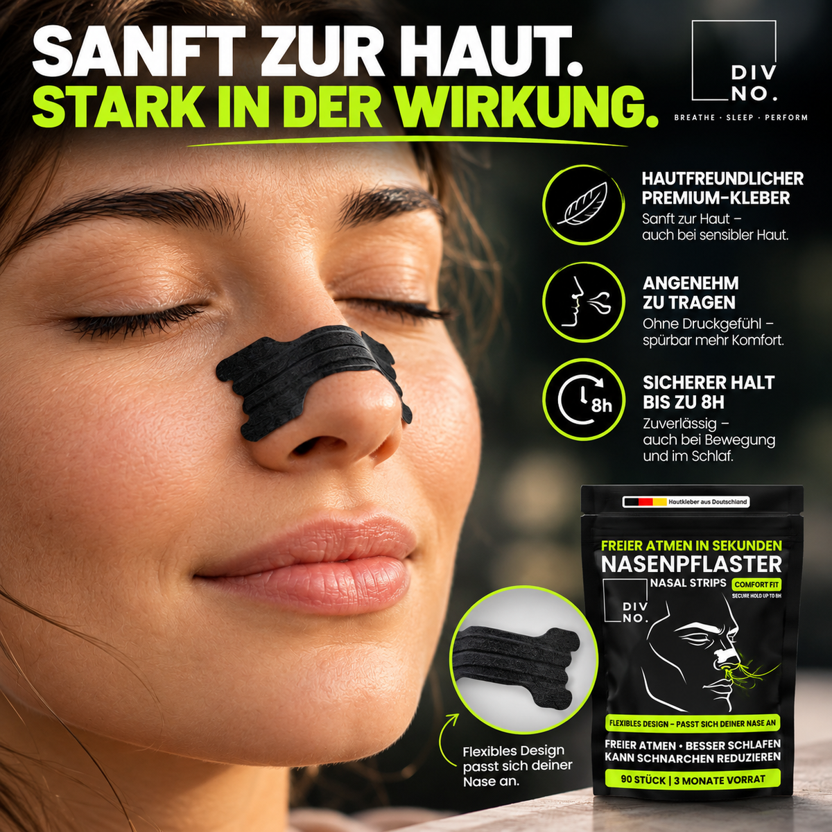 DIVNO Nasenpflaster 3er Bundle (270 Stück) – Premium Nasenstrips – Extra starker Halt bis zu 8 Std. – Für Schlaf, Sport & freie Nasenatmung