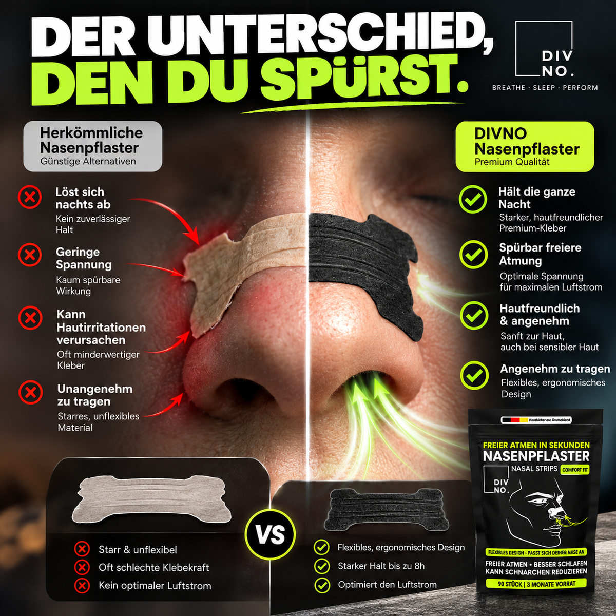 DIVNO Nasenpflaster 3er Bundle (270 Stück) – Premium Nasenstrips – Extra starker Halt bis zu 8 Std. – Für Schlaf, Sport & freie Nasenatmung