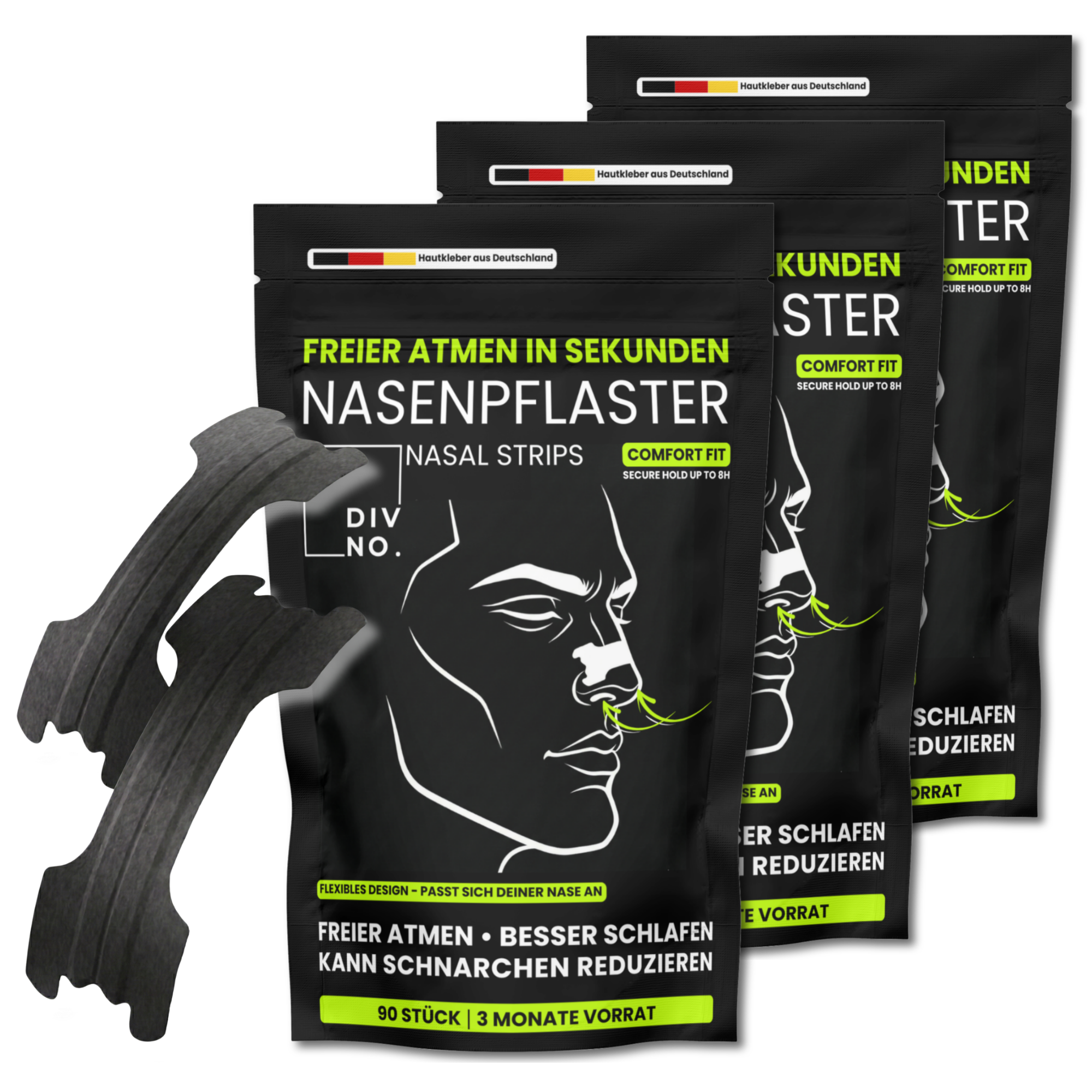 DIVNO Nasenpflaster 3er Bundle (270 Stück) – Sofort freier atmen, weniger schnarchen – Nasenstrips für besseren Schlaf & mehr Sauerstoff – Extra starker Halt bis zu 8h – Für Sport & Nacht