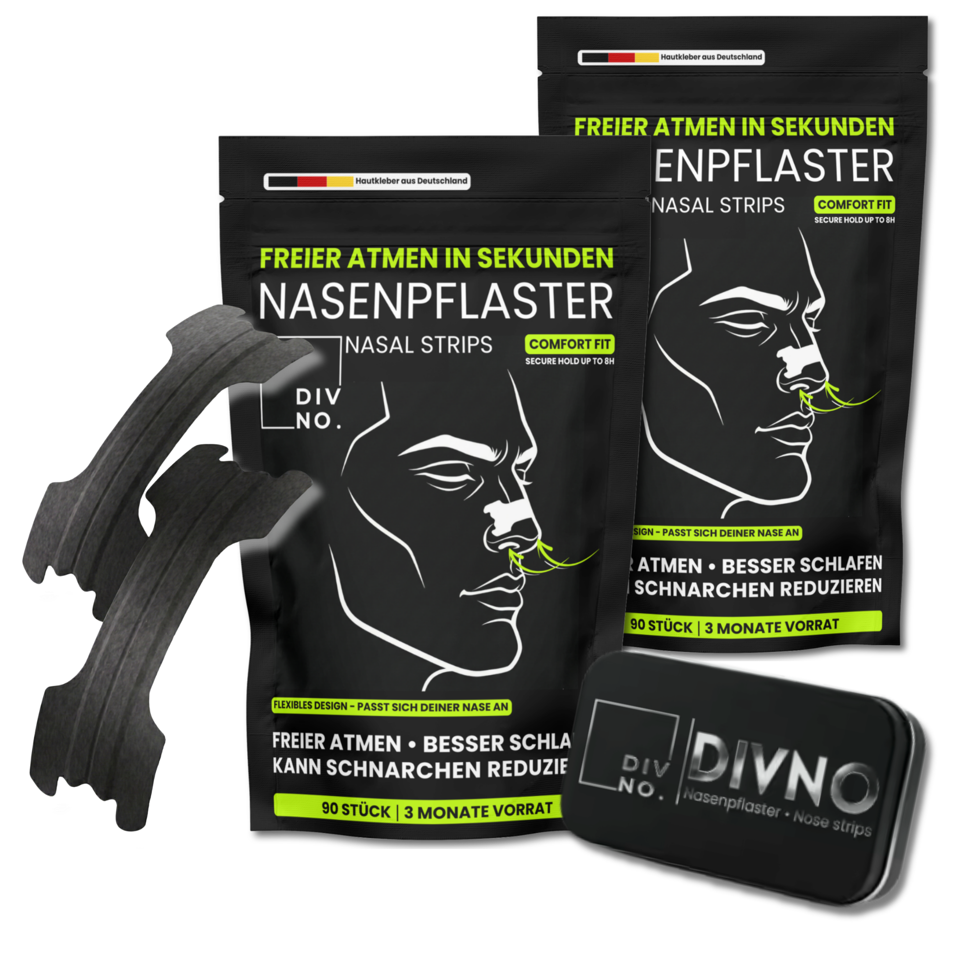 DIVNO Nasenpflaster 2er Bundle + Dose (180 Stück) – Sofort freier atmen, weniger schnarchen – Nasenstrips für besseren Schlaf & mehr Sauerstoff – Extra starker Halt bis zu 8h – inkl. hochwertiger Aufbewahrungsdose