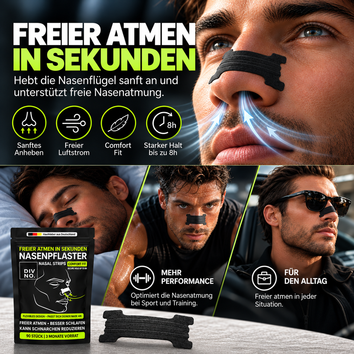 DIVNO Nasenpflaster 3er Bundle (270 Stück) – Premium Nasenstrips – Extra starker Halt bis zu 8 Std. – Für Schlaf, Sport & freie Nasenatmung