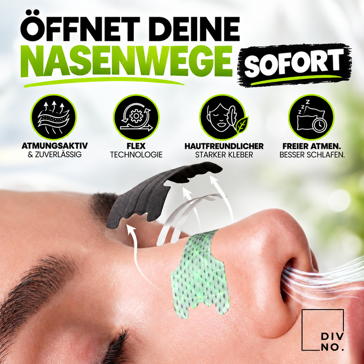 DIVNO Nasenpflaster 3er Bundle (270 Stück) – Premium Nasenstrips – Extra starker Halt bis zu 8 Std. – Für Schlaf, Sport & freie Nasenatmung